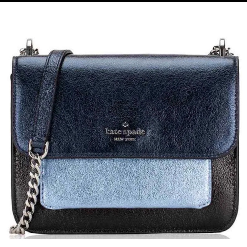 Kate Spade Metallic Leather Crossbody Bag Navy Blue Black Silver Chain Strap